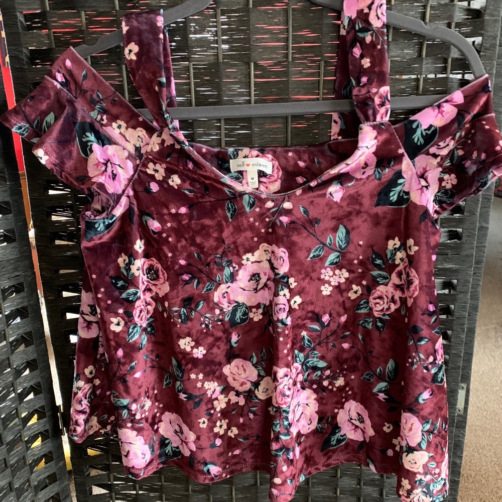 Off shoulder crop top, wine floral.